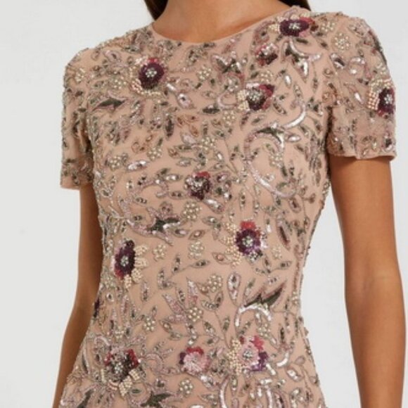 Mac Duggal Mocha Beige Floral Embellished Short Sleeve Midi Dress - Picture 3 of 3